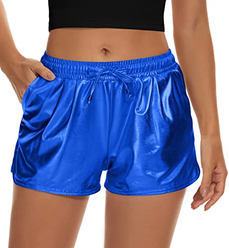 Book Cover Taydey Women's Yoga Hot Shorts Shiny Metallic Pants with Elastic Drawstring(Blue,M)