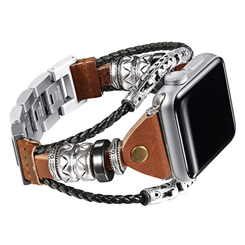 Book Cover Secbolt Leather Bands Compatible Apple Watch Band Series 4/5/6 40mm, Series 3/2/1 38mm, Double Twist Handmade Vintage Natural Leather Replacement Bracelet Straps Women
