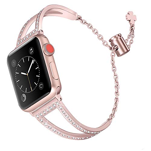 Secbolt Bling Bands Compatible with Apple Watch Band 42mm 44mm iWatch SE Series 6/5/4/3/2/1, Women Dressy Metal Jewelry Bracelet Stainless Steel, Rose Gold