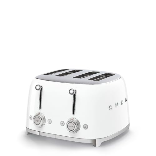 SMEG 4 Slice Toaster TSF03, Retro Stainless-Steel Toaster with Wide Slots for Bagels, 6 Browning Levels, Defrost Reheat Bagel Functions, Dual Controls, Crumb Trays, 1800W - TSF03WHUS - White
