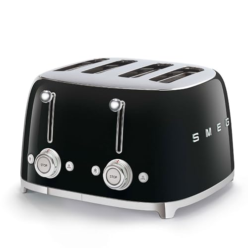 SMEG 4 Slice Toaster TSF03, Retro Stainless Steel Toaster with Wide Slots for Bagels, 6 Browning Levels, Defrost Reheat Bagel Functions, Dual Controls, Crumb Trays, 1800W - Black - TSF03BLUS