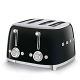 SMEG 4 Slice Toaster TSF03, Retro Stainless Steel Toaster with Wide Slots for Bagels, 6 Browning Levels, Defrost Reheat Bagel Functions, Dual Controls, Crumb Trays, 1800W - Black - TSF03BLUS