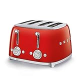 SMEG 4 Slice Toaster TSF03, Retro Stainless-Steel Toaster with Wide Slots for Bagels, 6 Browning Levels, Defrost Reheat Bagel Functions, Dual Controls, Crumb Trays,1800W - TSF03RDUS - Red