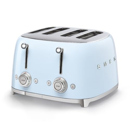 SMEG 4 Slice Toaster TSF03, Retro Stainless-Steel Toaster with Wide Slots for Bagels, 6 Browning Levels, Defrost Reheat Bagel Functions, Dual Controls, Crumb Trays, 1800W - TSF03PBUS - Pastel Blue
