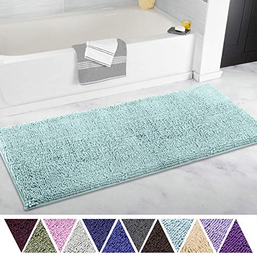 Book Cover ITSOFT Non Slip Shaggy Chenille Soft Microfibers Runner Large Bath Mat for Bathroom Rug Water Absorbent Carpet, Machine Washable, 21 x 47 Inches Spa Blue