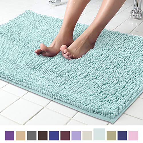 Book Cover ITSOFT Non Slip Shaggy Chenille Soft Microfibers Bathroom Rug with Water Absorbent, Machine Washable, 21 x 34 Inches Spa Blue