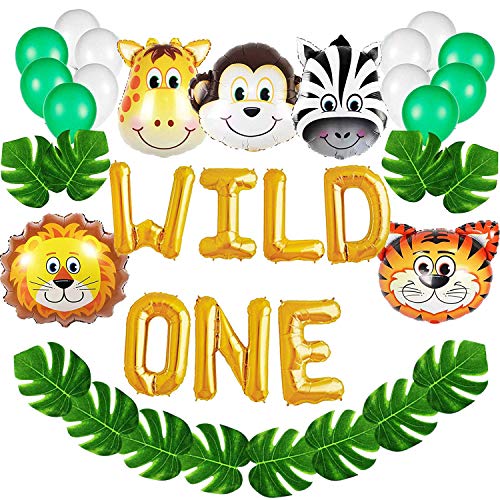 Book Cover Wild One Birthday Decorations Kit,16 INCH WILD ONE Balloons with 12 PCS Artificial Palm Leaves,Baby Girl Boy 1st Bday Party Supplies With Animal Balloons,Safari Zoo Jungle Themed 1st Bday Decorations.
