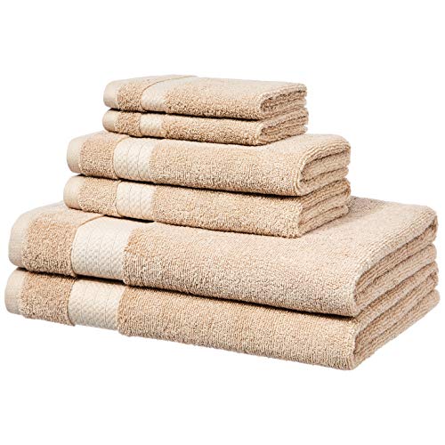 Book Cover Amazon Basics Performance Bath Towels, 6 Piece Set, Sand