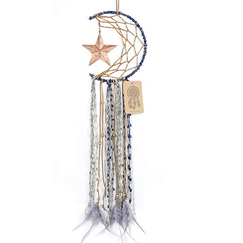 Book Cover Dremisland Blue Dream Catcher Handmade Half Circle Moon Design Dream Catcher Feather Hanging with Star Home Decoration Ornament Festival Gift (Moon& Star)