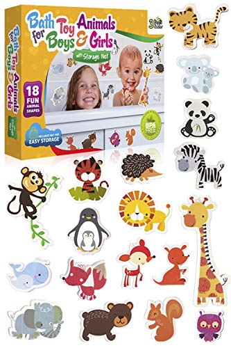 Book Cover 3 Bees & Me Animal Bath Toys for Boys and Girls â€“ Fun Foam Animals with Bath Toy Storage Bag â€“ 18 Piece Non Toxic Kids Bath Set