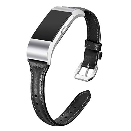 Book Cover bayite Bands Compatible Fitbit Charge 2, Slim Genuine Leather Band Replacement Accessories Strap Charge2 Women Men, Black Large