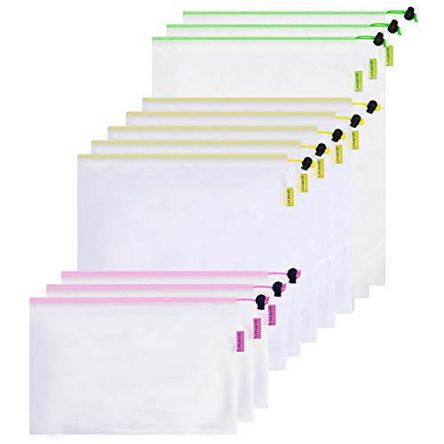 Book Cover Food-safe Reusable Mesh Produce Bags – Lightweight Washable Durable Bags -Set of 11 with Tare Weight on Tags.3 Different Sizes12x17in, 12x14in, 12x8in, medium White