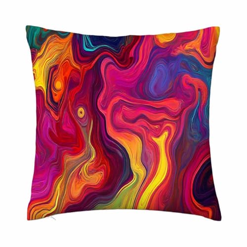 oFloral Chaotic Waves Pillowcase,Colorful Rainbow with Purple Fuchsia Pink Red Orange Gold Blue Throw Pillow Cover Square Cushion Case for Sofa Couch Car Bed Home Decorative 18" x 18" inch