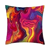 oFloral Chaotic Waves Pillowcase,Colorful Rainbow with Purple Fuchsia Pink Red Orange Gold Blue Throw Pillow Cover Square Cushion Case for Sofa Couch Car Bed Home Decorative 18" x 18" inch