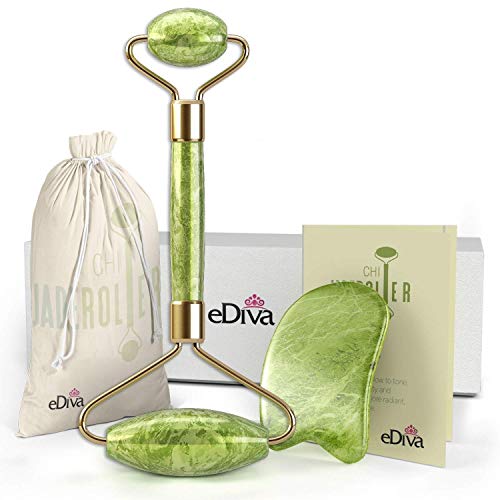 eDiva Natural Jade Roller- Gua Sha - Lymphatic Drainage Tool for Face, Neck, Body - Anti Aging Treatment - Reduces Wrinkles and Fine Lines