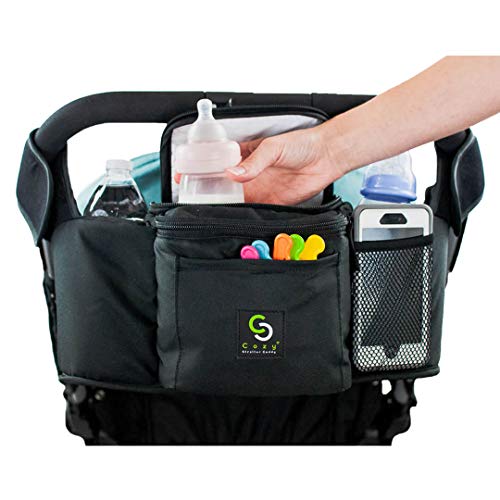 Book Cover Cozy Stroller Caddy Organizer (Black, Insulated) - Everything Mom Needs on Stroller - 2 Deep Cup Holders, 3 Separate Spaces, Front Cellphone Holder, Wallets, Diapers, Milk - Perfect Baby Shower Gift