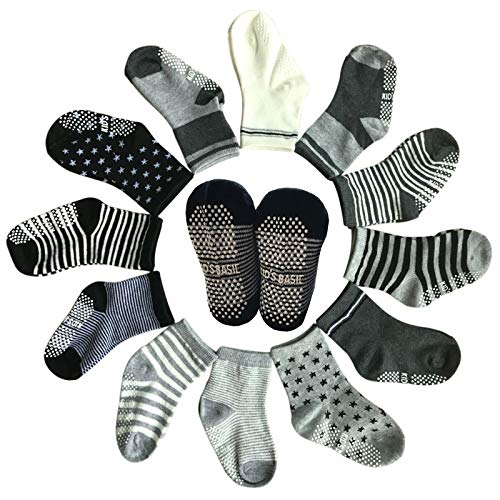 Baby 6 Pairs Assorted Non Skid Ankle Cotton Socks Baby Walker Boys Girls Toddler Anti Slip Stretch Knit Stripes Star Footsocks Sneakers Crew Socks with Grip for 1-3 Years