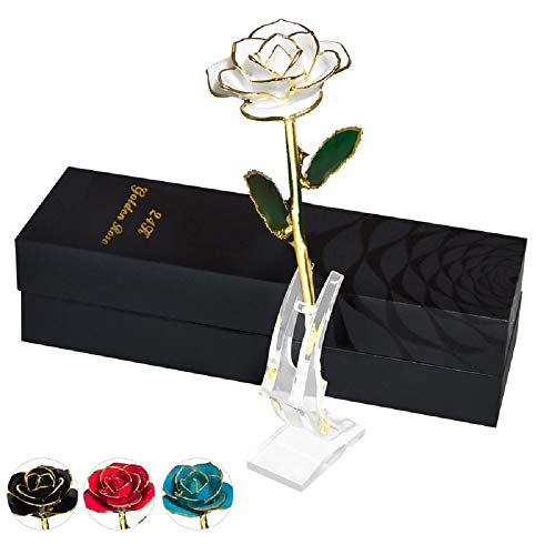 White Real Rose Dipped in 24k Gold Foil Elegant Flower Eternal Love Romantic Rose Decor Gift w/Nice Box for Valentine's Day, Mother's Day, Thanksgiving Day, Christmas, Birthday, Anniversary