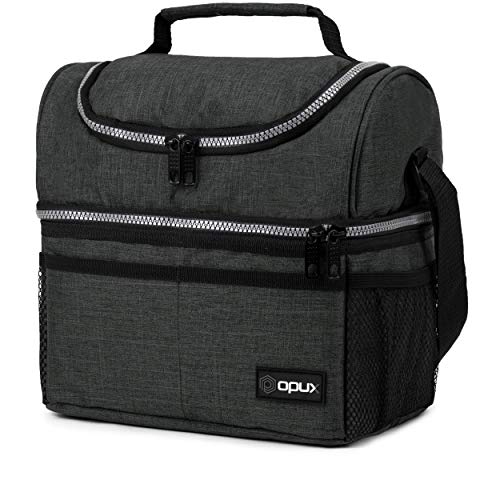 OPUX Lunch Box For Men Women, Insulated Large Lunch Bag Adult Work, Double Decker Lunchbox Meal Prep Dual Compartment Leakproof Lunch Cooler, Soft Lunch Pail Tote Boys Girls Kids School, Charcoal Gray