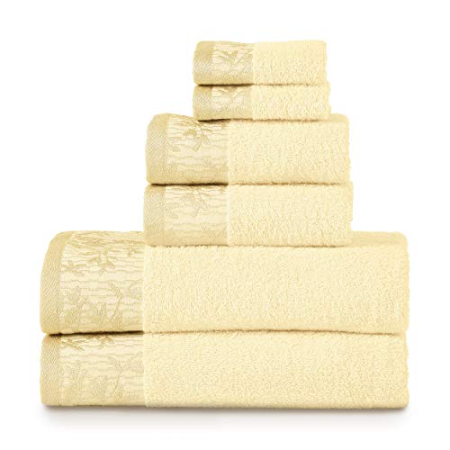 Superior 6 Piece Cotton Towel Set, Floral Jacquard Dobby Border, Quick Dry, Decorative Bathroom, Shower, Bath, Includes 2 Body, 2 Hand, 2 Face Towels/Washcloths, Wisteria Collection, Black