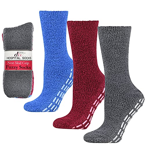 Book Cover Debra Weitzner Non-slip Hospital Socks Fuzzy Slipper Grip Socks For Women Men 3 Pairs