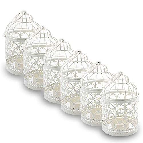 Book Cover Ciaoed Mini Metal Tealight Hanging Birdcage Lantern, Vintage Decorative Centerpieces of Wedding & Party Pack of 6(White)