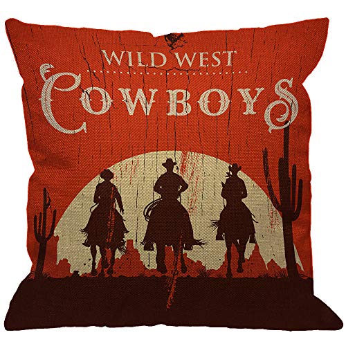 Book Cover HGOD DESIGNS Cowboy Throw Pillow Cover,Vintage Western Cowboys Riding Horses Wooden Sign Rural Ranch Desert Sunset Decorative Pillow Cases Linen Square Cushion Covers for Home Sofa Couch 18x18 inch