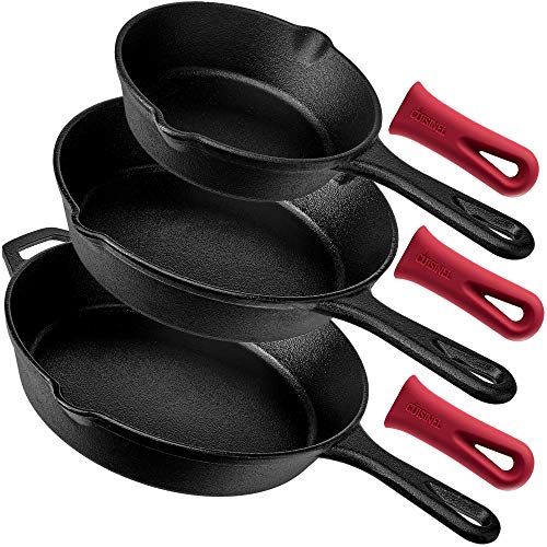 Cuisinel Cast Iron Skillets Set - 3-Piece: 6" + 8" + 10"-Inch Chef Frying Pans - Pre-Seasoned Cookware + 3 Silicone Handle Cover Grips - Use Indoor/Outdoor, Grill, Stove, BBQ, Fire, Oven