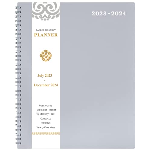 2023-2024 Monthly Planner/Calendar - 18-Month Planner with Tabs & Pocket & Label, Contacts and Passwords, 8.5" x 11", Thick Paper, Jul. 2023 - Dec. 2024, Twin-Wire Binding - Grey by Artfan