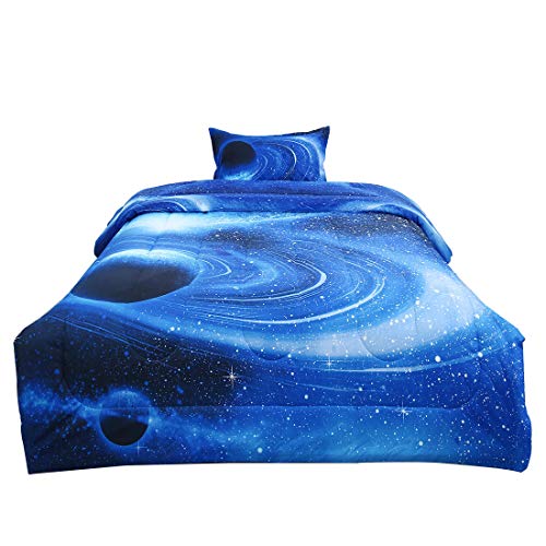Book Cover uxcell Twin Galaxy White Blue Comforter Set-for Twin Bed -3D Outer Space Themed Bedding- All-Season Down Alternative Quilted Duvet - Reversible Design- Includes 1 Comforter & 1 Pillowcase