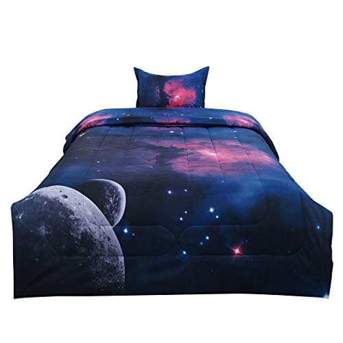 Book Cover uxcell Twin Size Galaxies Fuchsia Comforter Sets -for Twin Bed-3D Outer Space Themed Bedding -3D Printing Never Fade Quilt Comforter - with 1 Matching Pillow Covers