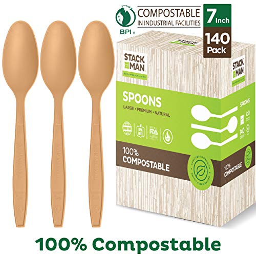 Stack Man 100% Compostable Plastic Silverware, Large Premium Heavy-Duty Flatware Utensils Eco Friendly BPi Certified, 6.5 Inch, Organic Natural Wood Color Tableware