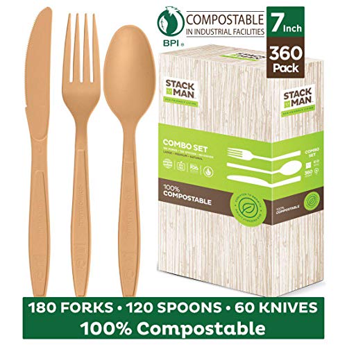 Book Cover Stack Man Disposable Cutlery Set [360 Pack] 100% Compostable Plastic Silverware, Large Premium Heavy-Duty Flatware Utensils Eco Friendly BPi Certified, 7.5 Inch, Natural Wood Color Tableware