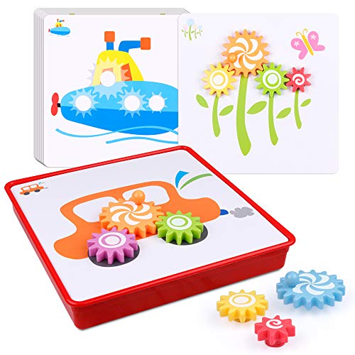 Book Cover D-FantiX Spinning Gear Puzzle Board Set with 12 Pictures, Peg Puzzles Cog Gear Toys for Toddlers Kids Educational Preschool Learning Toys
