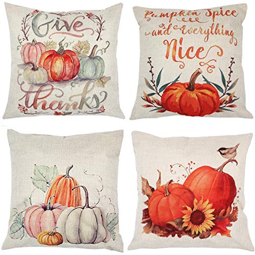 Book Cover ZUEXT Fall Harvest Pumpkin Throw Pillow Covers 18x18 Inch, Set of 4 Cotton Linen Autumn Thanksgiving Pillowcases, Square Halloween Pillow Covers for Car Sofa Bed Couch, Farmhouse Thanksgiving Gifts