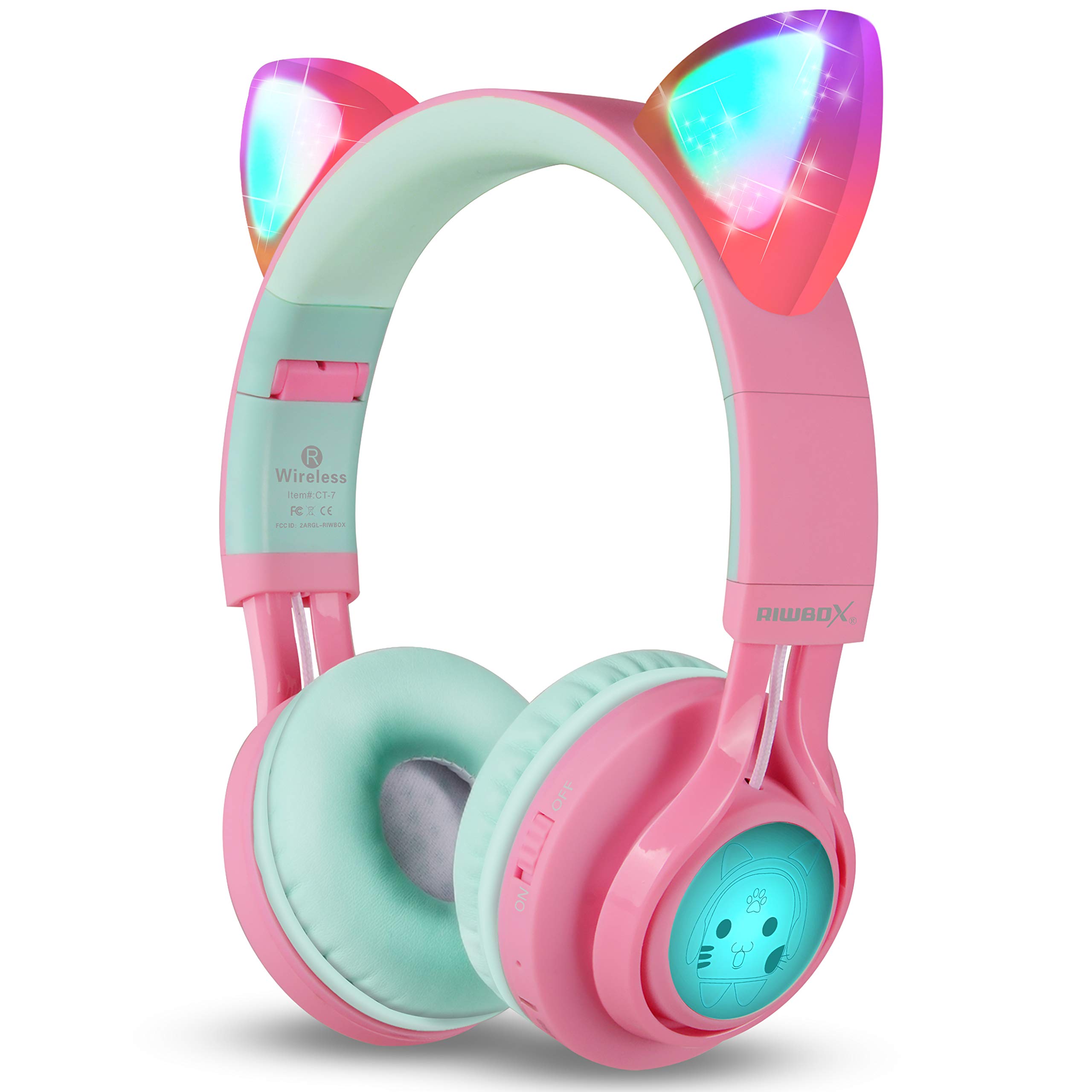 Book Cover Riwbox CT-7 Cat Ear Bluetooth Headphones, LED Light Up Bluetooth Wireless Over Ear Headphones with Microphone and Volume Control for iPhone/iPad/Smartphones/Laptop/PC/TV (Pink&Green)