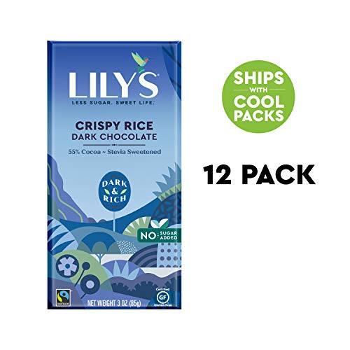 Book Cover Crispy Rice Dark Chocolate Bar by Lily's Sweets | Stevia Sweetened, No Added Sugar, Low-Carb, Keto Friendly | 55% Cacao | Fair Trade, Gluten-Free & Non-GMO | 3 ounce, 12-Pack