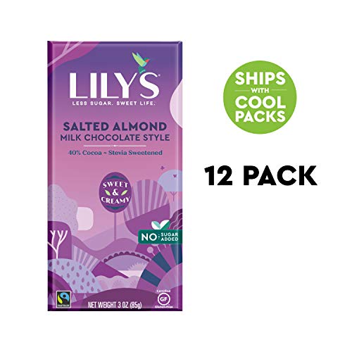 Book Cover Salted Almond & Milk Chocolate Bar by Lily's Sweets | Stevia Sweetened, No Added Sugar, Low-Carb, Keto Friendly | 40% Cacao | Fair Trade, Gluten-Free & Non-GMO | 3 ounce, 12-Pack