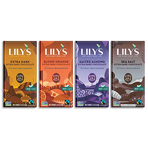Book Cover Variety 70% Dark Chocolate Bar Sampler by Lily's | Stevia Sweetened, No Added Sugar, Low-Carb, Keto Friendly | 70% Cocoa | Fair Trade, Gluten-Free & Non-GMO | 2.8 ounce, 4-Pack
