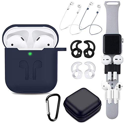 TAOSANHU AirPods Case 9 in 1 Accessories Kits Protective Silicone Cover Skin(Front LED Visible) with Ear Hook Grips Airpods Staps/Clips/Tips/Zipper Case/Watch Band Holder