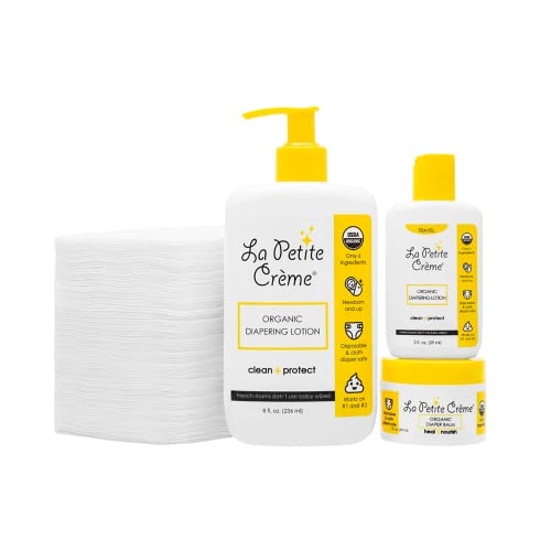 La Petite Creme French Diapering Gift Set: Includes Organic Diapering Lotion (8 oz), Travel-size Diaper Lotion (2 oz), 1 Travel-size Diaper Balm (1 oz), 50 Disposable Cotton Pads - Newborn Essentials