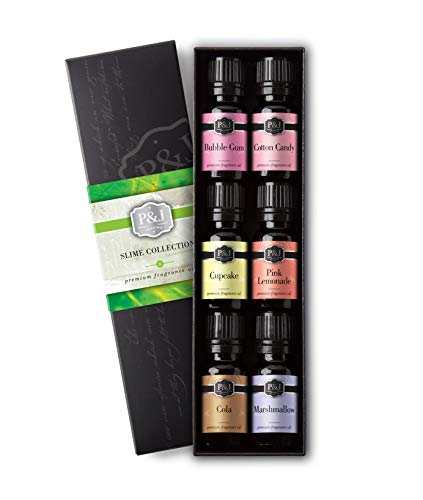 Slime Set of 6 Fragrance Oils - Premium Grade Scented Oil - 10ml - Bubble Gum, Cotton Candy, Cupcake, Pink Lemonade, Cola, Marshmallow