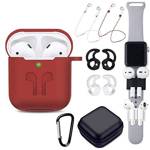 TAOSANHU AirPods Case 9 in 1 Accessories Kits Protective Silicone Cover Skin(Front LED Visible) with Ear Hook Grips Airpods Staps/Clips/Tips/Zipper Case/Watch Band Holder