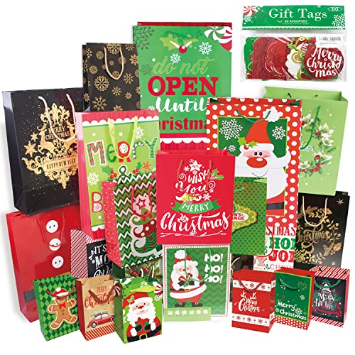 24 Christmas Gift Bags Assorted Sizes with 60-Count Christmas Gift Tagsï¼ˆBulk Set,6 XL,6 Large,6 Medium,6 Smallï¼‰
