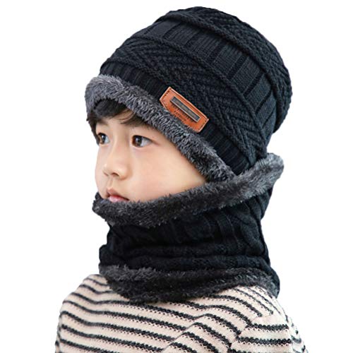 Book Cover XYIYI Kids Winter Knit Hat and Scarf Set, 2Pcs Warm Fleece Lining Beanie Cap and Scarf for 5-14 Year Old Boys Girls (Black)
