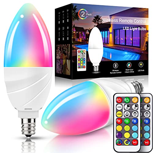 JandCase Candelabra Color Changing Light Bulb, RGBW Bulbs with Remote Control, 5W, 50W Equivalent, Dimmable, 350LM, 2700k-6500k, E12 Base, Ideal for Home Decoration, Halloween, Party, 2 Pack