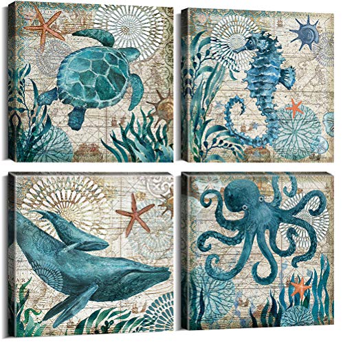 Book Cover Teal Home Wall Art Decor - Ocean Theme Mediterranean Style Canvas Prints Framed and Stretched Ready to Hang Sea Animal Octopus Turtle Seahorse Whale Pictures Posters Bathroom - 12 x 12