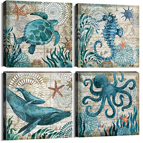 Teal Home Wall Art Decor - Ocean Theme Mediterranean Style Canvas Prints Framed and Stretched Ready to Hang Sea Animal Octopus Turtle Seahorse Whale Pictures Posters Bathroom - 12 x 12" Panel Set of 4