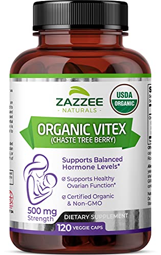 Book Cover Zazzee USDA Organic Vitex, 500 mg Strength, 120 Vegan Capsules, USDA Certified Organic, Potent 4:1 Extract, Made from Whole Organic Chaste Berry, Vegan, All-Natural and Non-GMO