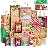 Party Funny 24 Kraft Christmas Gift Paper Bags Bulk with handles and 60 Count Christmas Gift Tags-Assorted sizes set for Wrapping Xmas Holiday Presents(6 Jumbo,6 Large,6 Medium,6 Small)